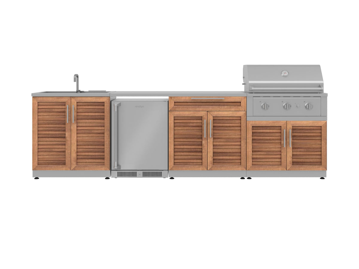 Outdoor Kitchen in Classic Grove Finish with Performance Grill 6 Piece Set with Fridge and Sink and Outdoor TV