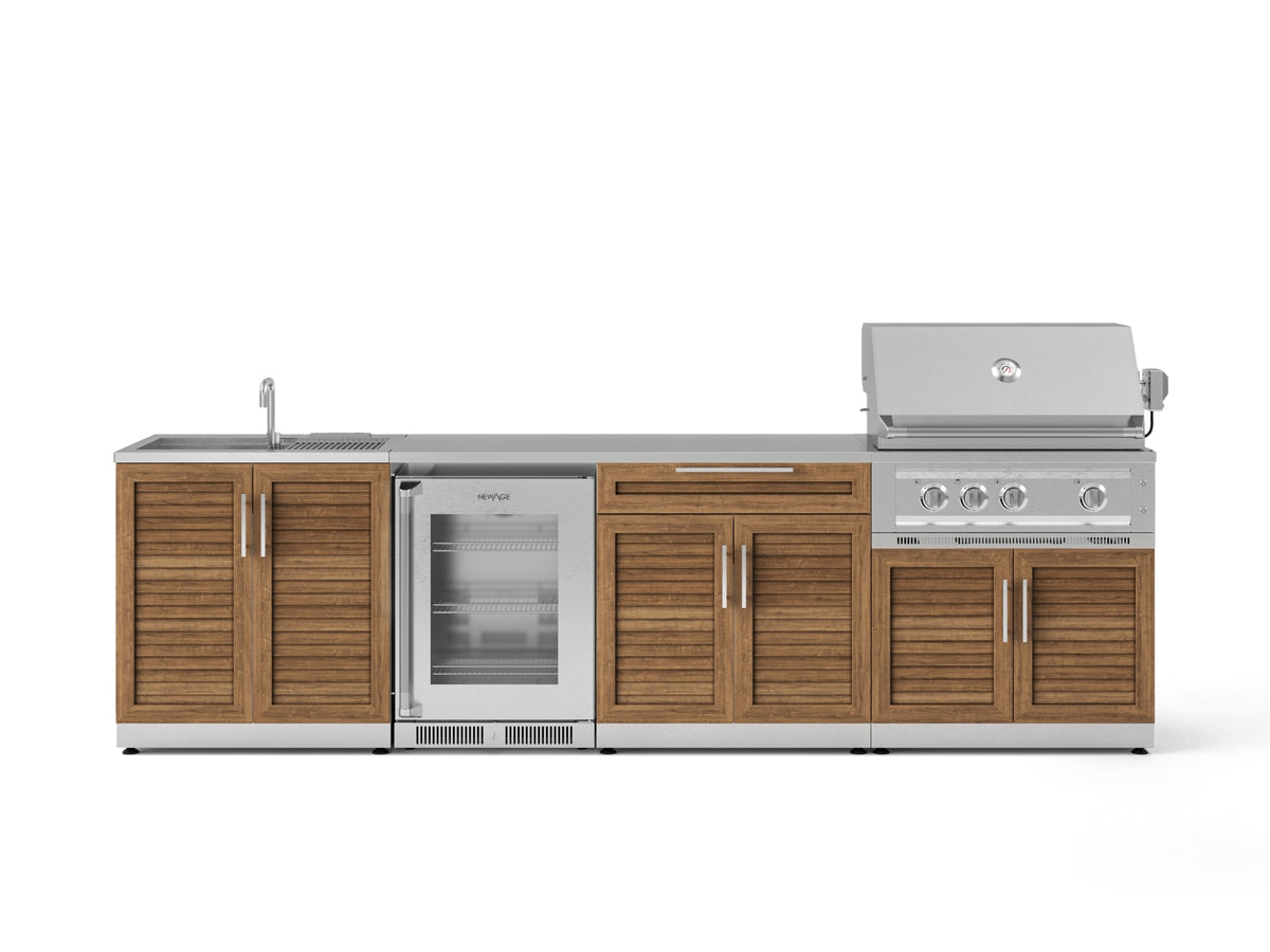 Outdoor Kitchen in Classic Grove Finish with Platinum Grill 6 Piece Set with Fridge and Sink and Outdoor TV