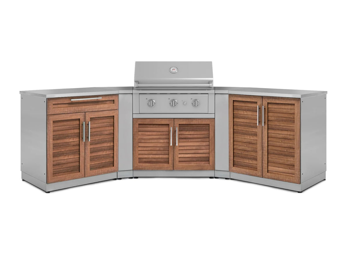 Outdoor Kitchen in Classic Grove Finish with Performance Grill Corner Style 7 Piece Set and Outdoor TV