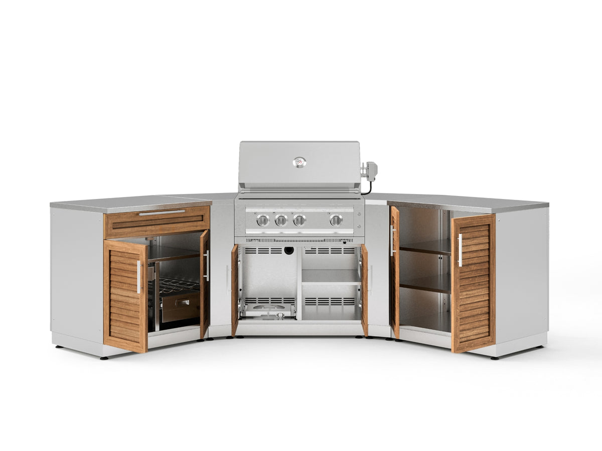 Outdoor Kitchen in Classic Grove Finish with Platinum Grill Corner Style 7 Piece Set and Outdoor TV