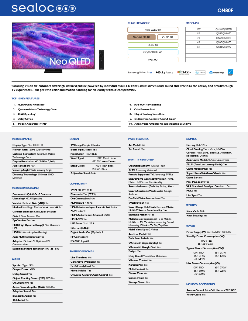 weatherloc® treated Samsung QN80F Series Neo QLED 4K UHD Vision AI Smart TV