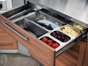 Outdoor Kitchen in Classic Grove Finish with Performance Grill 6 Piece Set with Fridge and Sink and Outdoor TV