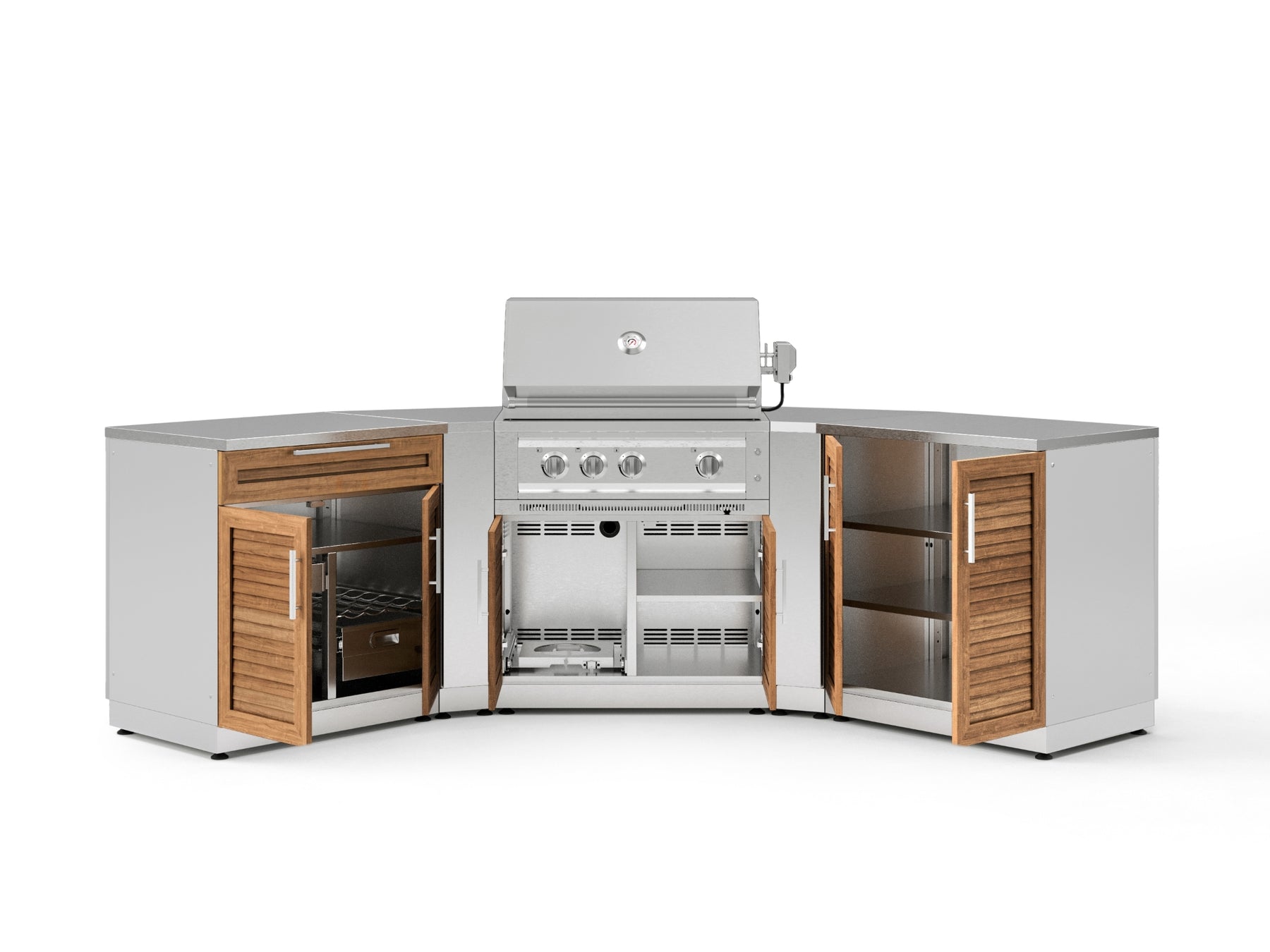 Outdoor Kitchen in Classic Grove Finish with Platinum Grill Corner Style 7 Piece Set and Outdoor TV