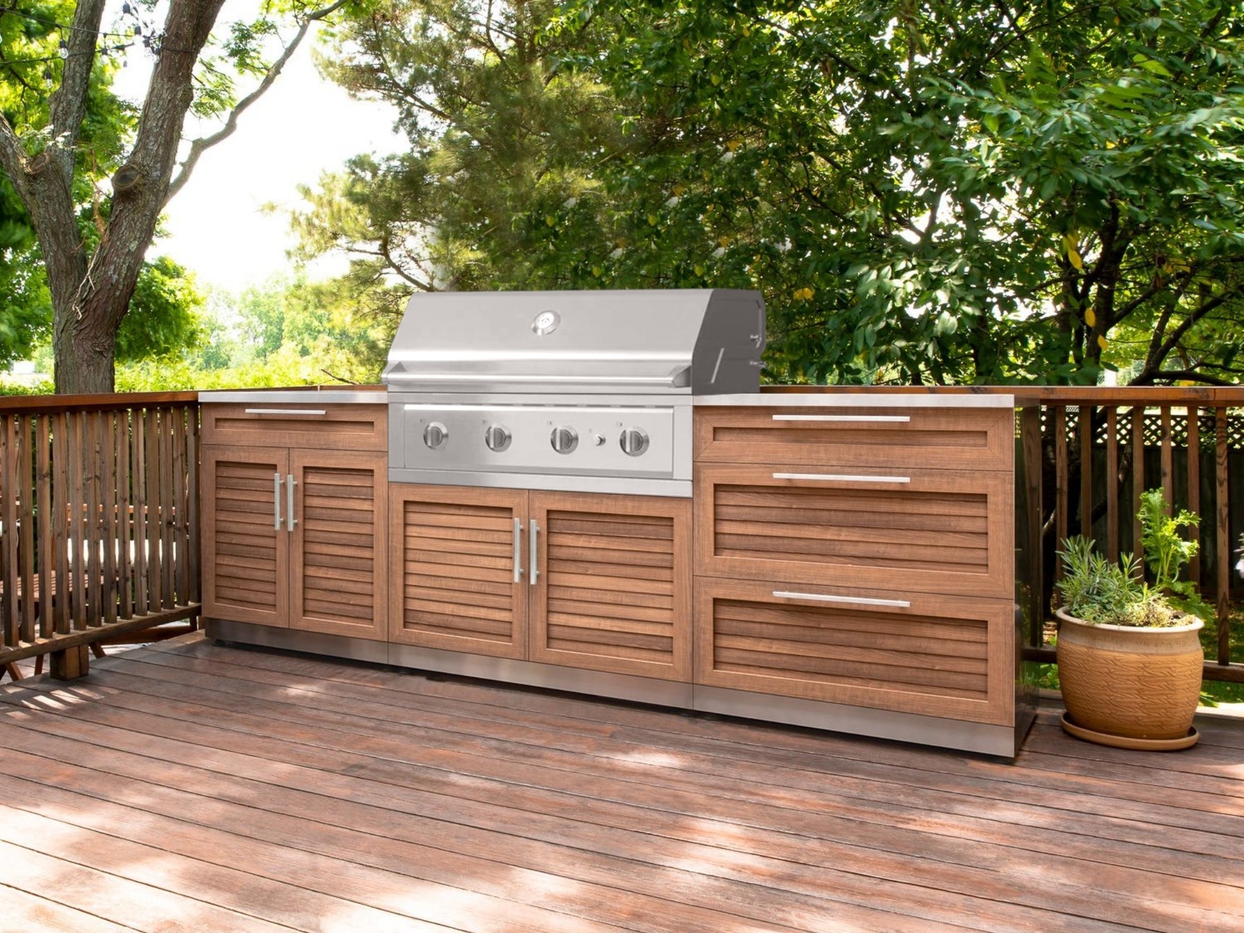 Outdoor Kitchen in Classic Grove Finish with Performance Grill 5 Piece Set with Sink and Outdoor TV